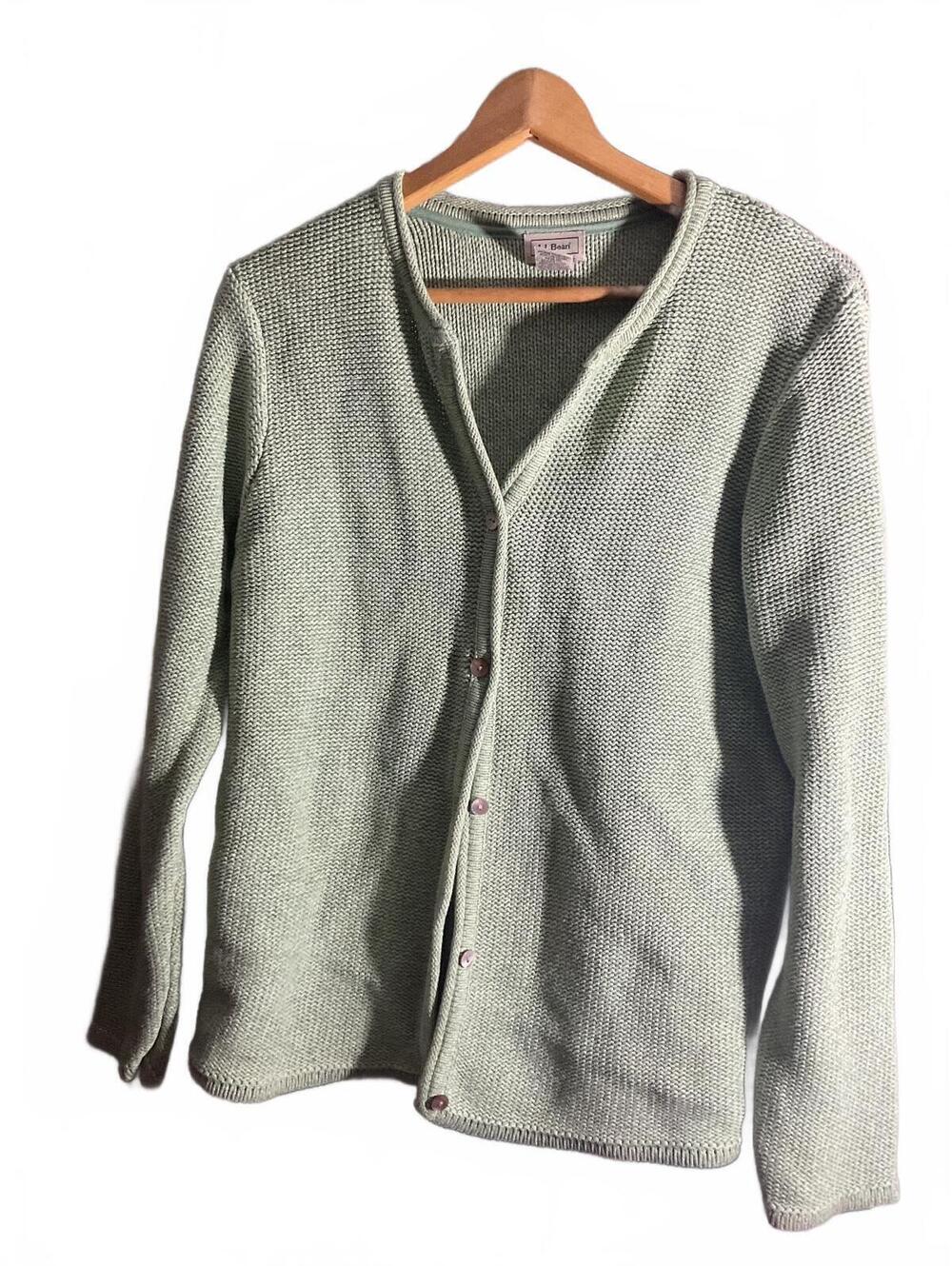 L.L.Bean Women's Light Green Cotton Knit Cardigan Sweater Size L Regular - Picture 2 of 11